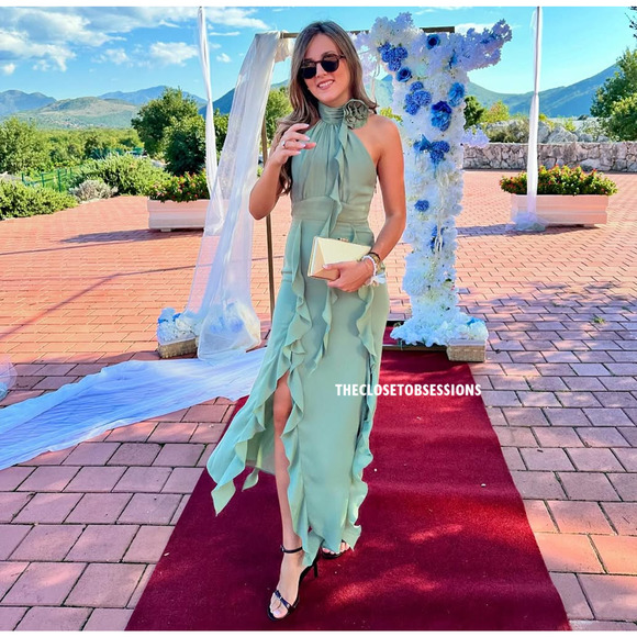 💚 ZARA Halter Neck Midi Dress NWT | Sea Green Ruffle Floral Detail M/L - Picture 11 of 16